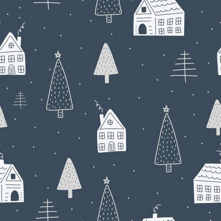 Christmas and New Year symbols with winter house and Christmas trees scandinavian hand drawn seamless pattern. Vector cute print. Digital paper. Design elementのイラスト素材