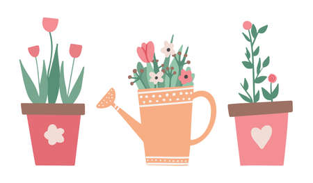 Cute colorful flowers in pots. Nature cartoon vector illustration of flowers and leaves beautiful collection. Blossom plant, botanical flowerpotのイラスト素材