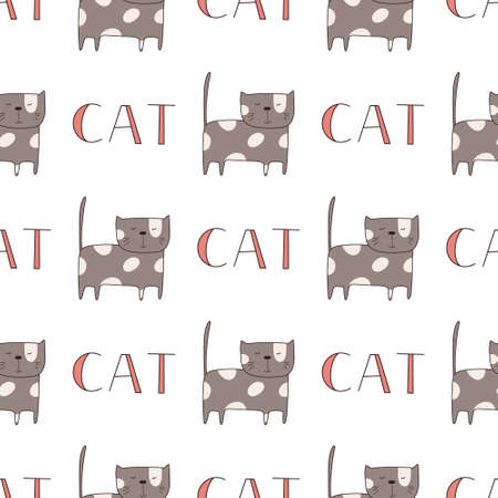 Seamless pattern cute funny cats. Endless background for printing. Hand-drawn childish flat vector illustration in doodle style.のイラスト素材