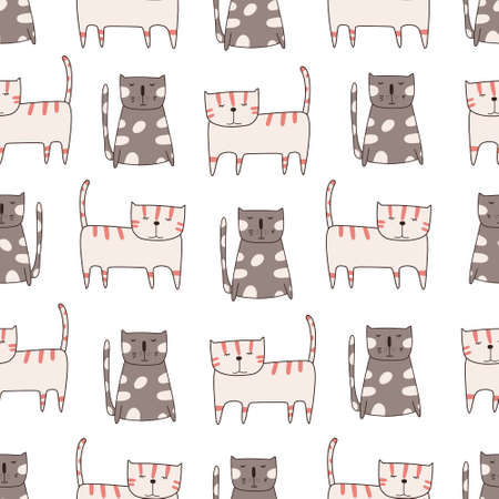 Seamless pattern cute funny cats. Endless background for printing. Hand-drawn childish flat vector illustration in doodle style.のイラスト素材