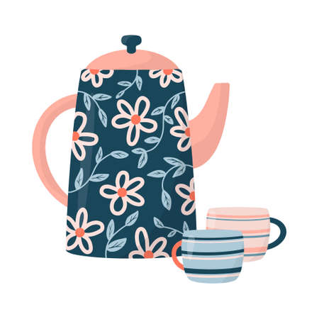 Ceramic teapot and pair of cups or mugs isolated on white background. Ceramic drinkware or glassware for tea ceremony. Flat cartoon vector illustration.のイラスト素材