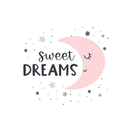 Cute moon sleeping at night sky with stars. Sweet dreams text handwritten with calligraphic font. . Childish colored vector illustration in flat cartoon style.のイラスト素材