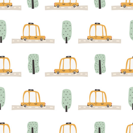 Children's patterns set with cars. Cars. Transport. Road. Vector hand-drawn color seamless repeating children simple pattern with cars and lettering, in Scandinavian style road on a white background.のイラスト素材