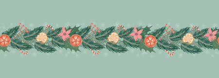 Christmas and New Year seamless pattern with branches, flowers and decoration, cute and festive background, great for textiles, wrapping, banners, wallpapers. Vector designのイラスト素材