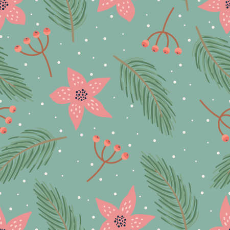 Christmas and Happy New Year seamless pattern with Christmas fir branches and berries. Vector design template.のイラスト素材