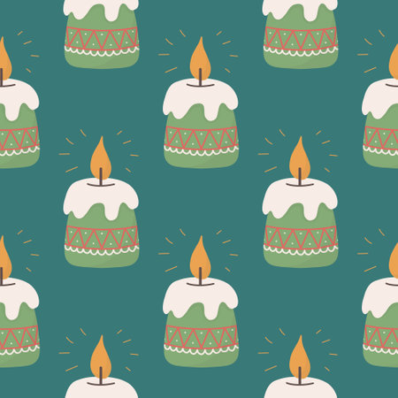 Christmas and Happy New Year seamless pattern with Christmas candle, fir branches and berries. Vector design template. Digital paper.のイラスト素材