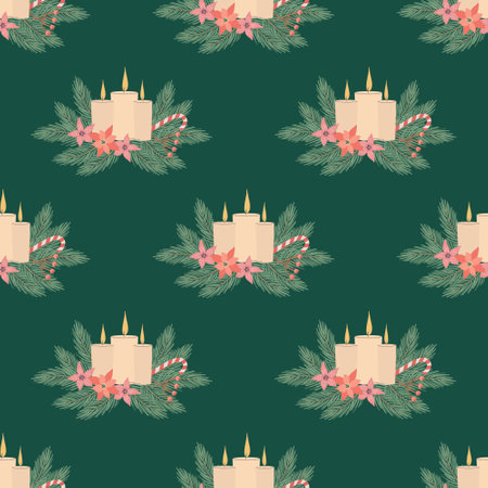 Christmas and Happy New Year seamless pattern with Christmas candle, fir branches and berries. Vector design template.のイラスト素材