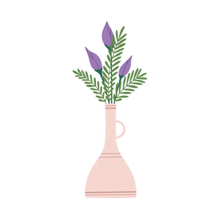 Beautiful blooming composition with leaves and stem isolated on white. Flowering plants and herbs.Gorgeous bouquet of flowers with decorative branches in vase flat vector illustration.のイラスト素材