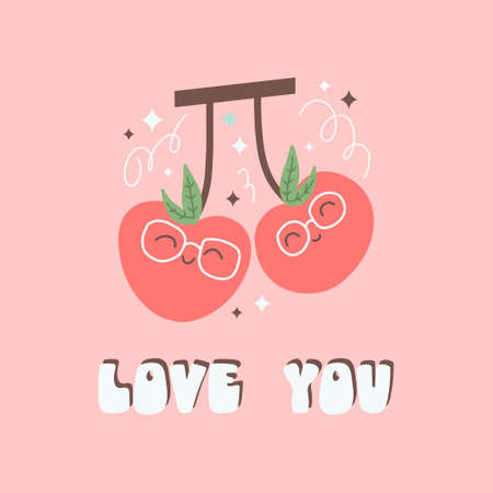 Cute cherries and lettering composition for Valentines Day card. Berries in love and calligraphy love phrase for February 14th. Flat vector illustration isolated on pink backgroundのイラスト素材