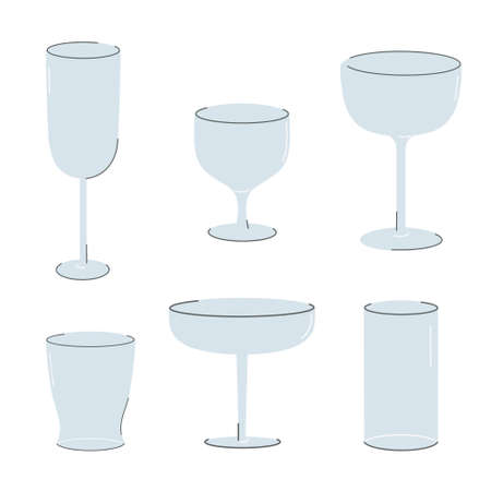 Set of cartoon wine glasses and glasses vector flat illustration. Collection of different types of glass vessels isolated on white backgroundのイラスト素材