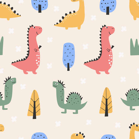 Cute dinosaur pattern - hand drawn childish dinosaur seamless pattern designのイラスト素材