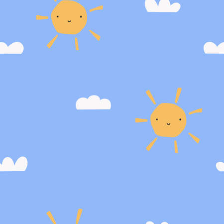 Seamless childish simple pattern for kids with cute sun and clouds in modern style. Vector illustrationのイラスト素材