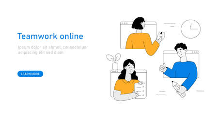 Business people characters work together online. A man and a woman sign a contract. Team metaphor and business solution. Teamwork concept. Outline vector illustrationのイラスト素材