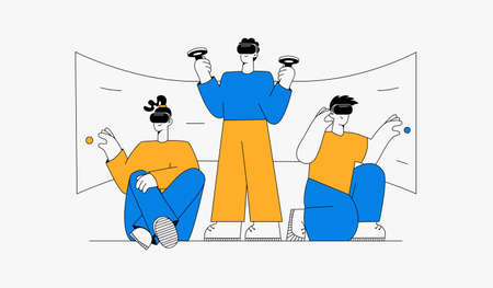 A group of people use virtual reality glasses and gaming accessories. The concept of virtual games. Outline vector illustrationのイラスト素材