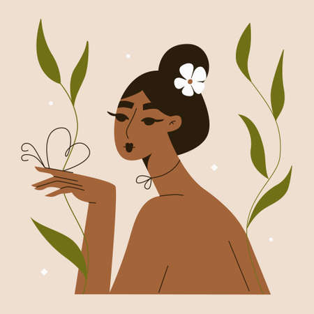 Young beautiful African American Asian woman with a flower in her hair. Womens mental health. Beauty of nature. Self-care, love, well-being. Womens day vector illustrationのイラスト素材