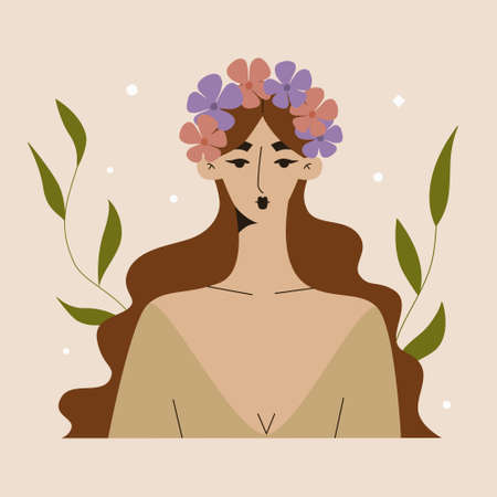 Young beautiful woman with a flower wreath on her head. Womens mental health, blooming brain, positive mind and spring. Girl The beauty of nature. Womens day vector illustrationのイラスト素材
