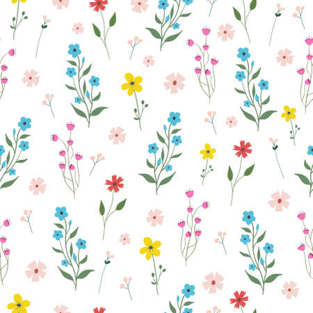 Seamless flower pattern. Bright floral background with blossoms and blooms print. Colored flat vector illustration for textile. Repeating texture designのイラスト素材
