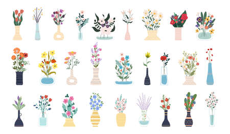 Collection of blooming flowers in vases and bottles isolated on white background. Set of decorative floral design elements. Flat cartoon vector illustrationのイラスト素材