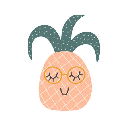 Funny pineapple character with happy face. Vector cartoon illustration in simple hand-drawn Scandinavian styleのイラスト素材