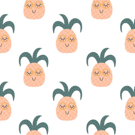 Pineapple seamless pattern. Funny tropical characters with happy faces. Vector cartoon illustration in simple hand drawn scandinavian styleのイラスト素材