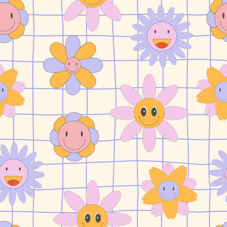 Seamless pattern with flower smile Pop Color Style Flat Design 70s. Cool trendy retro of hipster retro cool psychedelic elements. Trend vector illustrationのイラスト素材