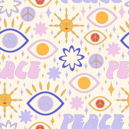 Seamless pattern Pop Color Style Flat Design 70s. Cool trendy retro of hipster retro cool psychedelic elements. Trend vector illustrationのイラスト素材