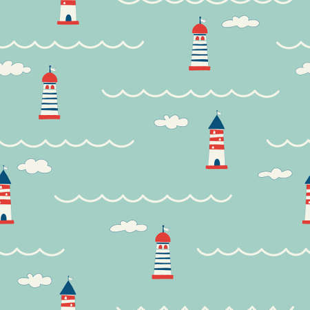 Seamless pattern with different lighthouses drawn with contour lines. Background with towers for marine navigation. illustration for wrapping paper, fabric print, wallpaper. Sea. Oceanのイラスト素材