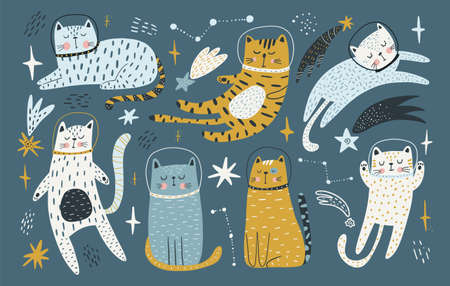Cute cats astronauts traveling in outer space. Animal cosmonaut adventure in cosmos. Flat vector illustration of funny feline in universeのイラスト素材