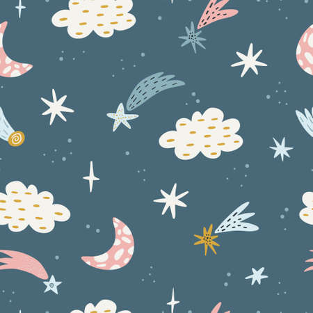 Seamless childish pattern with starry sky, moon. Creative kids texture for fabric, wrapping, textile, wallpaper, apparel. Vector illustration. Cute kids printのイラスト素材