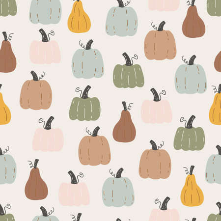 Seamless autumn pattern with pumpkins on white background. Endless repeatable texture of autumnal harvest. Colored hand-drawn vector illustration of drawing for printingのイラスト素材