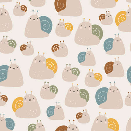 Seamless childish pattern with colorful snails. Creative childish urban texture for fabric, wrapping, textile, wallpaper, clothing. Vector illustrationのイラスト素材