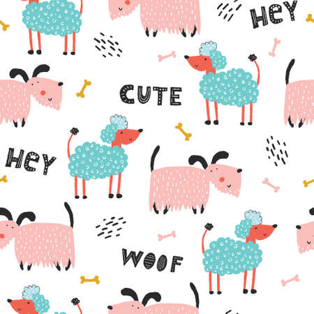 Childish seamless pattern with funny creative dogs. Creative childish texture in scandinavian style. Great for fabric, textile Vector Illustrationのイラスト素材
