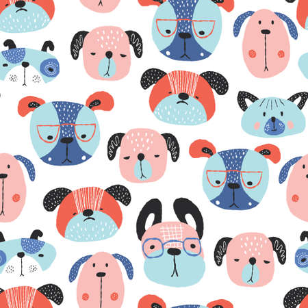Childish seamless pattern with funny creative dogs. Creative childish texture in scandinavian style. Great for fabric, textile Vector Illustrationのイラスト素材