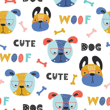 Childish seamless pattern with funny creative dogs. Creative childish texture in scandinavian style. Great for fabric, textile Vector Illustrationのイラスト素材