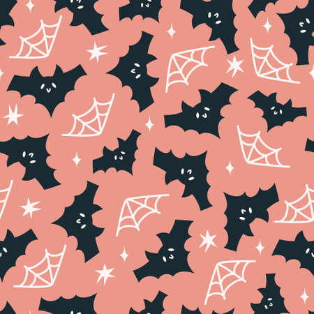 Happy Halloween cute vector seamless pattern with cartoon bat, stars. Creative childish texture in...