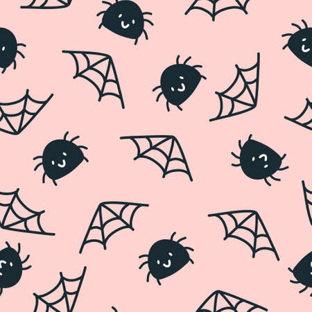 Happy Halloween cute vector seamless pattern with cartoon spider and web. Creative childish texture in scandinavian style. Great for fabric, textile Vector Illustrationのイラスト素材