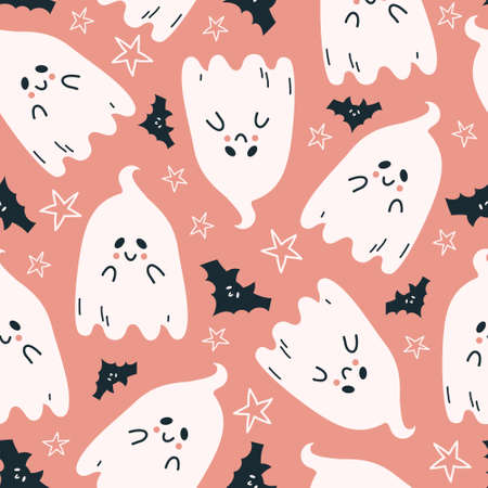 Happy Halloween cute vector seamless pattern with cartoon ghost. Creative childish texture in scandinavian style. Great for fabric, textile Vector Illustrationのイラスト素材