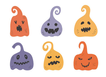 Scary spooky of Halloween jack pumpkin. Evil characters pumpkins with creepy funny angry, happy, sad facial expressions, emotions set for Helloween holiday. Flat vector illustrationsのイラスト素材