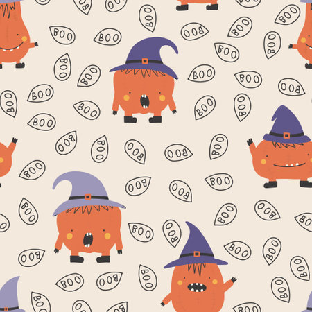 Holiday seamless pattern with funny characters pumpkins. Halloween vector illustration. Creative childish texture in scandinavian style. Great for fabric, textileのイラスト素材