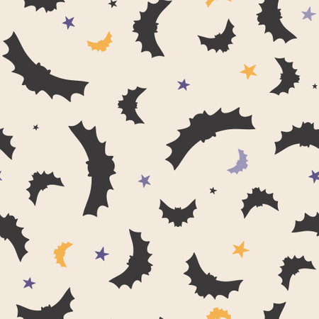 Happy Halloween cute vector seamless pattern with cartoon bat, stars. Creative childish texture in scandinavian style. Great for fabric, textile Vector Illustrationのイラスト素材