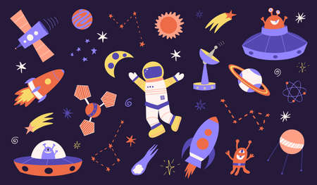 Cute doodle Space set, rocket, planet, ufo and more. Hand drawn kids style vector illustration....