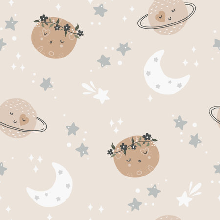Cute seamless childish simple pattern for kids with cute moons and stars in Scandinavian style. Baby pattern with night sky. Fabric design.のイラスト素材