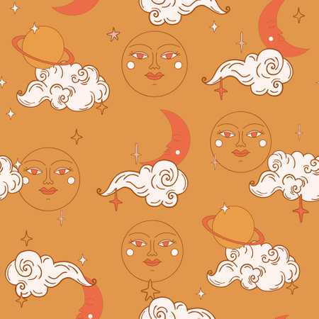 Retro seamless pattern with planets and stars in sky. Colored flat vector illustration of printable backdropのイラスト素材