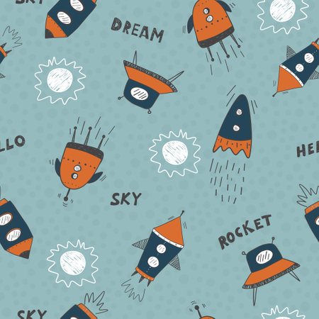Seamless childish cosmic pattern with cute rockets, lettering and stars in space. Repeating texture doodle style universe.のイラスト素材