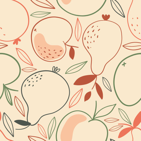 Natural seamless pattern with apples and pears drawn by hand with contour lines on a light...