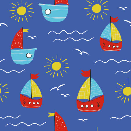 Vector handdrawn color seamless repeating childish simple pattern with cute ships in Scandinavian style on a blue background.のイラスト素材