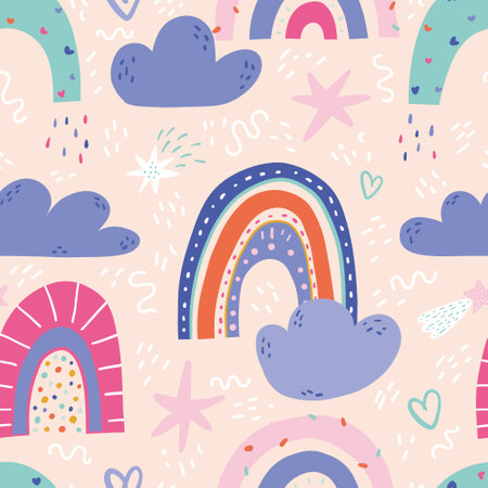 Seamless childish pattern with cute rainbows and rain clouds in doodle style. Colored flat vector illustration of nursery design for printingのイラスト素材