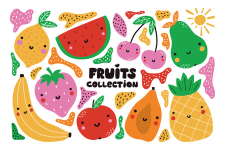 Set of cute fruits with smiles. Bright vegetarian food collection on white background. Colorful vector illustration in cartoon styleのイラスト素材