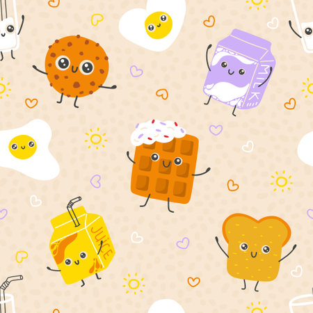 Cute pattern with breakfast characters. Cookie, waffle, milk and juice. Colorful pattern for baby clothes, bedding and more.のイラスト素材
