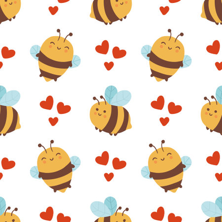 Funny bees and hearts seamless pattern. Vector naive characters in scandinavian hand-drawn cartoon style.のイラスト素材